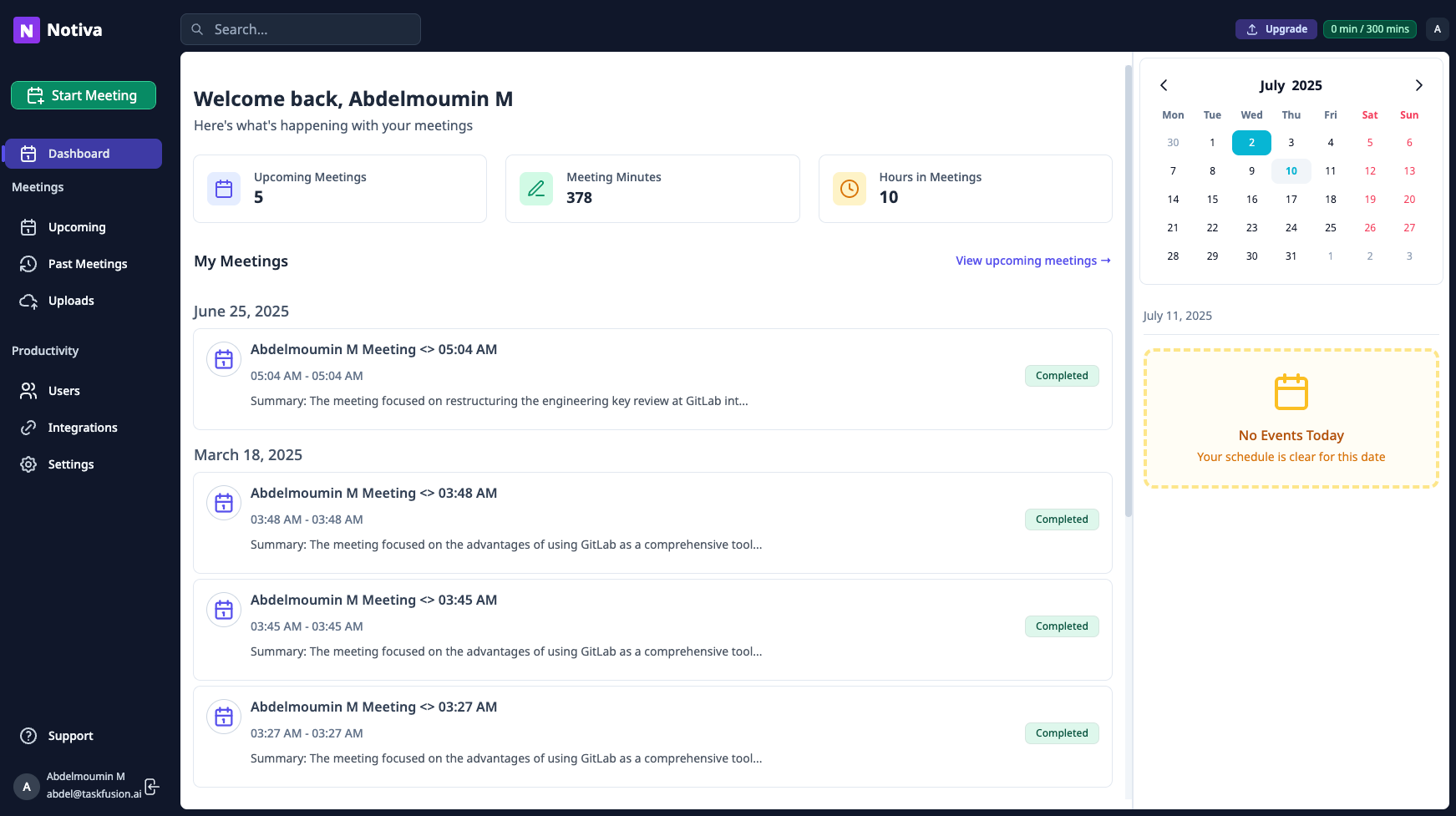 Notiva AI Meeting Dashboard showing transcription, summaries, and action items